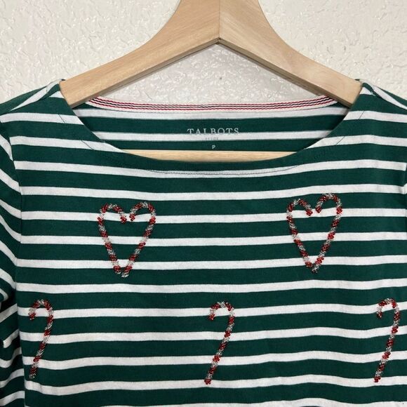 TALBOTS BATEAU NECK TEE CANDY CANE HOLIDAY STRIPE GREEN SIZE SMALL PETITE - Picture 7 of 12